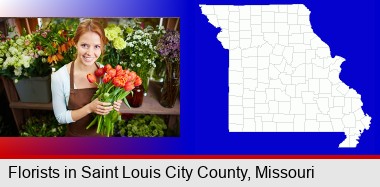 pretty florist holding a bunch of tulips; St Louis City highlighted in red on a map