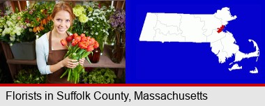 pretty florist holding a bunch of tulips; Suffolk County highlighted in red on a map