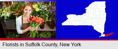 pretty florist holding a bunch of tulips; Suffolk County highlighted in red on a map