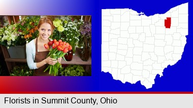 pretty florist holding a bunch of tulips; Summit County highlighted in red on a map