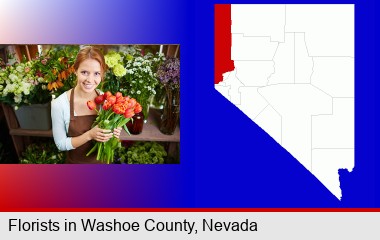 pretty florist holding a bunch of tulips; Washoe County highlighted in red on a map